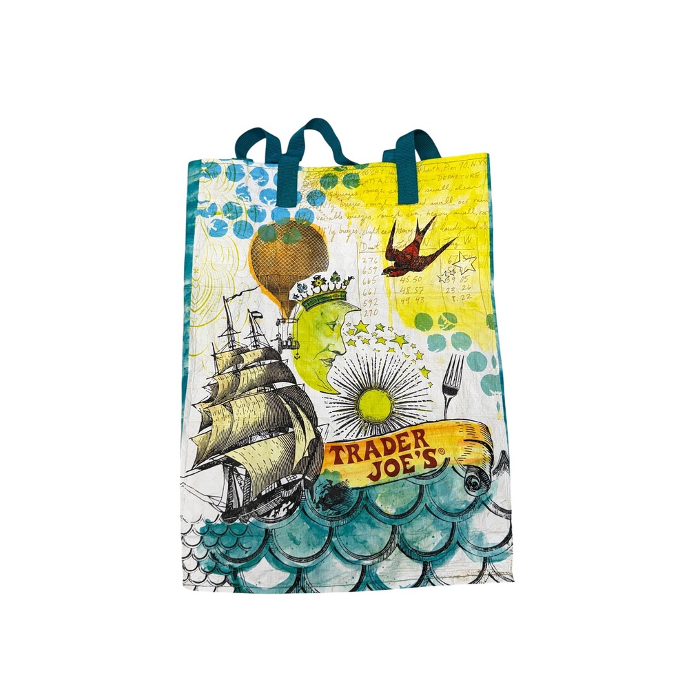 Trader Joe's Reusable Grocery Tote Bag Nautical Ship Crab Pineapple Collage